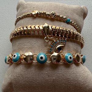 3 New Turkish Evil Eye bracelets set. Gold Blue. Bohemian retro vintage.